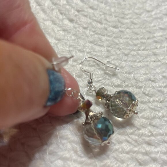 Gorgeous AURORA BOREALIS CRYSTALS with BEAD CAPS Handmade Sterling Earrings 548D - Picture 2 of 3